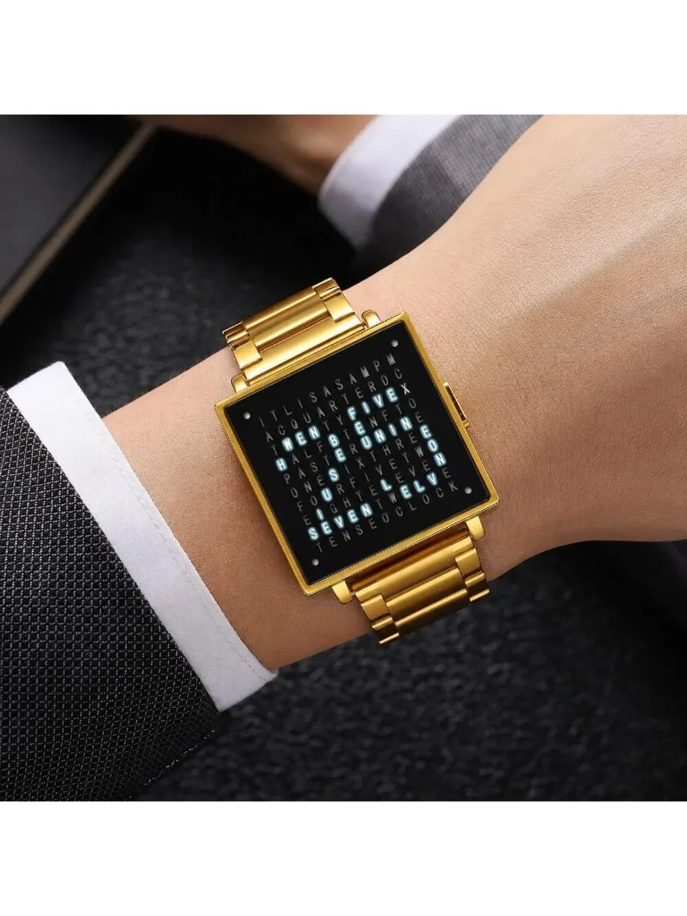 Men's Gold Analog Stainless Steel Multifunctional Waterproof Square Wrist Watch